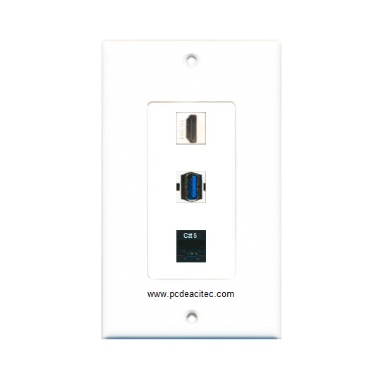 Placa Tapa decora ABS puerto HDMI + USB 3.0 + Jack RJ45 Cat5e
