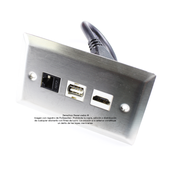 Placa Tapa HDMI 4k pigtail + USB 2.0 + Jack RJ45 Cat6 crimpado en Acero Inoxidable