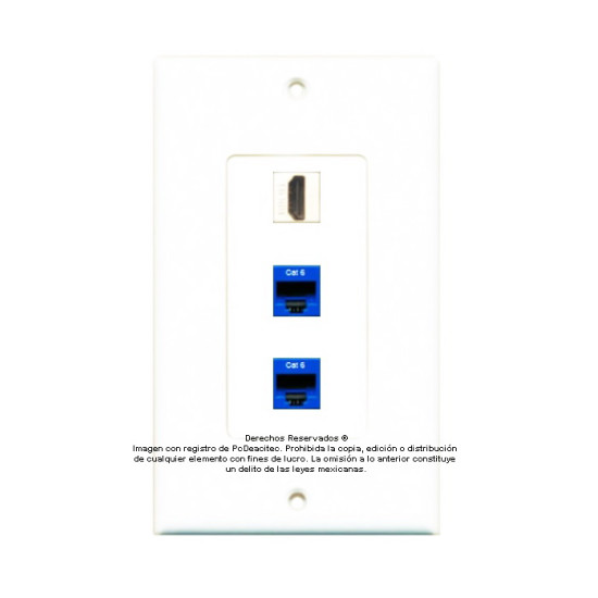 Placa Tapa Decora HDMI 4k pigtail + 2 Jack RJ45 Cat6 en ABS