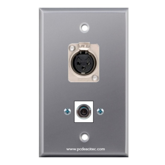 Placa Tapa Metálica XLR soldable hembra + Jack 3.5 mm audio Keystone en Aluminio