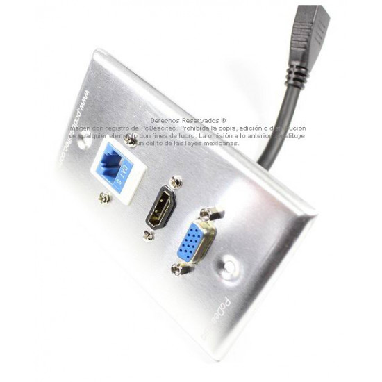 Placa Tapa VGA + HDMI pigtail + Jack RJ45 Cat6 ponchable en Aluminio