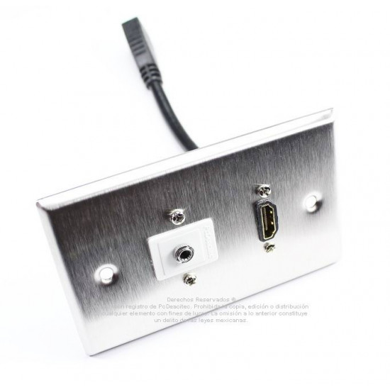 Placa Tapa HDMI pigtail + Audio Jack 3.5 mm en L a 90° Acero Inoxidable