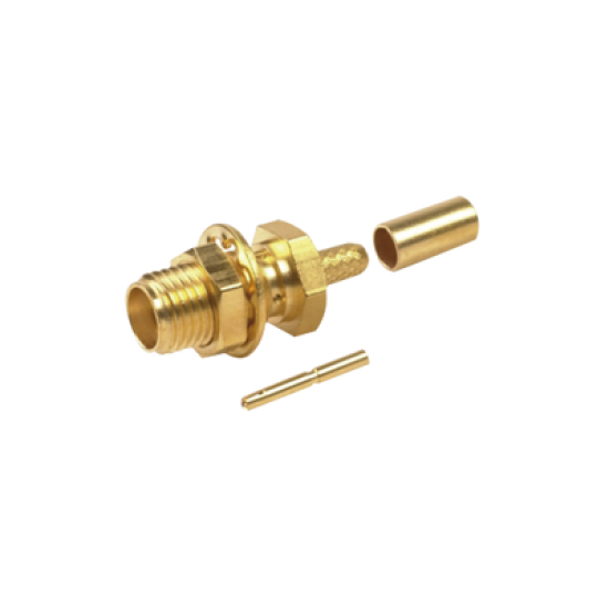 Conector SMA Hembra para Chasis en D Plano, Anillo Plegable para cable RG-174/U, Oro/ Oro/ Teflón.