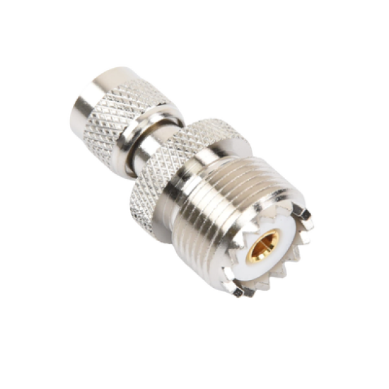 Adaptador en Línea de Conector Mini UHF Macho a UHF Hembra (SO-239), Níquel/ Oro/ Teflón.