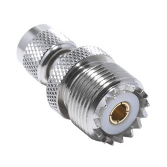 Adaptador en Línea de Conector Mini UHF Macho a UHF Hembra (SO-239), Níquel/ Oro/ Teflón.