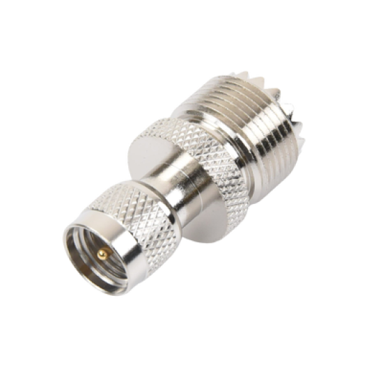 Adaptador en Línea de Conector Mini UHF Macho a UHF Hembra (SO-239), Níquel/ Oro/ Teflón.