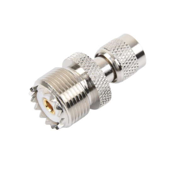 Adaptador en Línea de Conector Mini UHF Macho a UHF Hembra (SO-239), Níquel/ Oro/ Teflón.