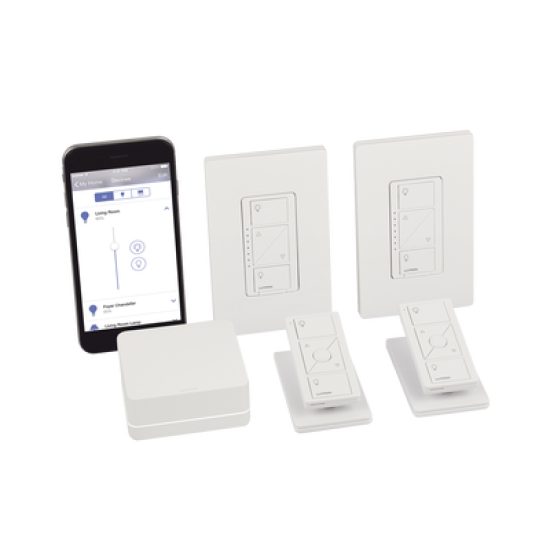 (Caseta Wireless) Kit Hub controlador, 2 atenuadores, 2 controles remotos, 2 base mesa y 2 tapas.