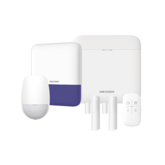 (AX PRO) KIT de Alarma AX PRO con GSM (3G/4G) / Incluye: 1 Hub con bateria de respaldo / 1 Sensores PIR / 2 Contactos Magnéticos / 1 Control Remoto / 1 Sirena Inalambrica Exterior / WiFi / Compatible con Hik-Connect P2P