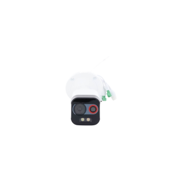 Bala IP Dual / Térmica 2.6 mm (96 x 72) / Óptico 6 mm (4 Megapixel) / Detección de Intrusión por VCA 30 mts /30 mts Luz Blanca / Exterior IP67 / PoE / Sirena y Luz Intermitente Integrada / Micro SD / ColorVu y ACUSENSE 