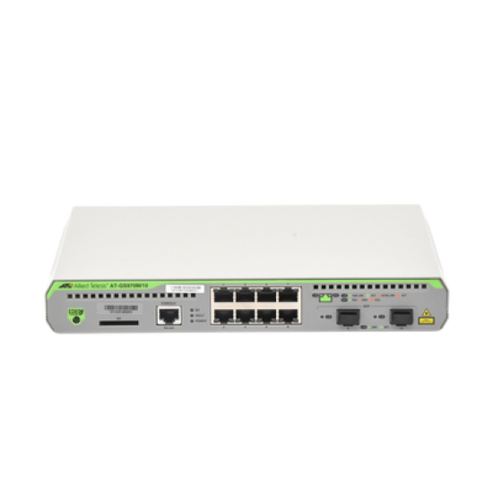 Switch Administrable CentreCOM GS970M, Capa 3 de 8 Puertos 10/100/1000 Mbps + 2 puertos SFP Gigabit