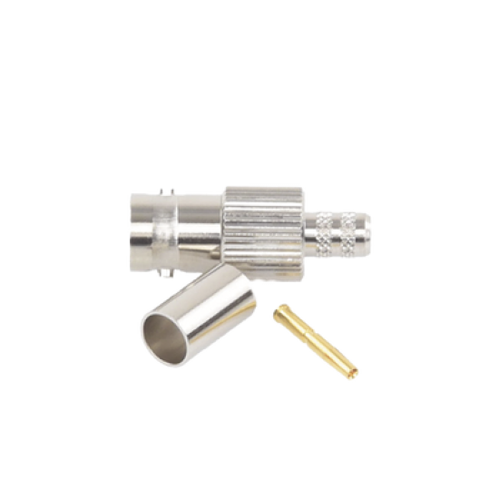 Conector BNC Hembra, 75 Ohm, Anillo Plegable, para RG-59/U, Níquel/ Oro/ Delrin.