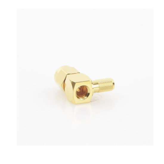 Conector SMA Macho Inverso en Ángulo Recto de Anillo Plegable para Cables RG-58/U, RG-142/U, Oro/ Oro/ Teflón.