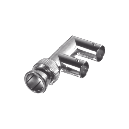 Adaptador Triple en F para 75 Ohm, de Conector BNC Macho a Doble BNC Hembra, Níquel/ Oro/ Delrin.