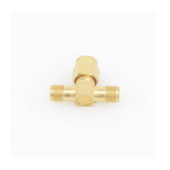 Adaptador en T, de Conector SMA Macho a Doble SMA Hembras, Oro/ Oro/ Teflón.