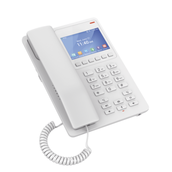 Teléfono IP Hotelero con pantalla LCD a color, 2 líneas SIP con 2 cuentas, codec Opus, IPV4/IPV6, color blanco, con gestión en la nube GDMS
