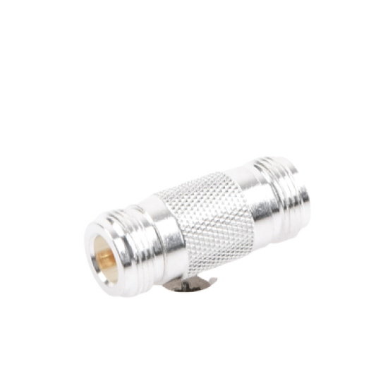 Adaptador Barril en Linea para 50 Ohm, de Conector N Hembra a N Hembra, Plata/ Oro/ Teflón.