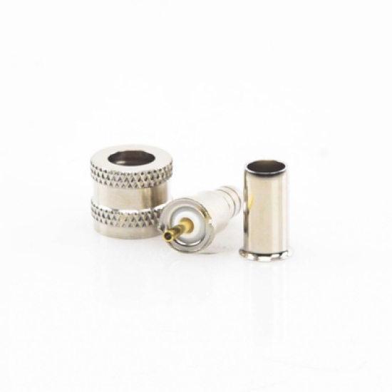 Conector Mini UHF Macho, 50 Ohm, de Anillo Plegable para Cables RG-58/U, RG-142/U, Niquel/Oro/Delrin.