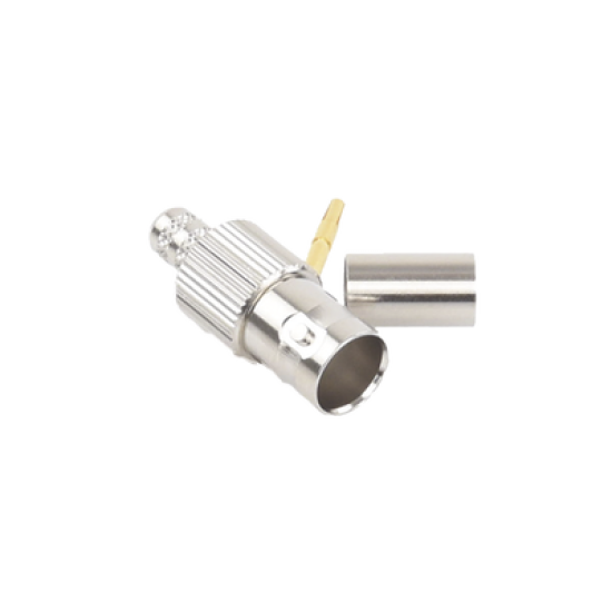 Conector BNC Hembra, 75 Ohm, Anillo Plegable, para RG-59/U, Níquel/ Oro/ Delrin.