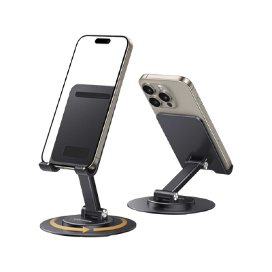 Soporte para Teléfono Celular Giratorio | 360° de Rotación | Angulo Ajustable | Altura Ajustable 17-20cm  | Antideslizante | Ejes Giratorios de Alta Precisión| Plegable | Aluminio | Color Gris