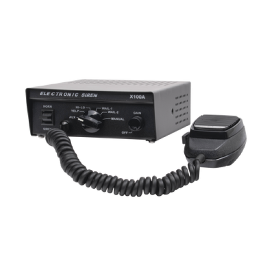 Sirena Vehicular de 100W de Potencia, Con Switch Giratorio de 6 posiciones y Micrófono Integrado de Uso Rudo