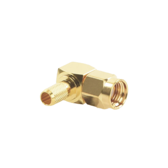 Conector SMA Macho Inverso en Ángulo Recto de Anillo Plegable para Cables RG-58/U, RG-142/U, Oro/ Oro/ Teflón.