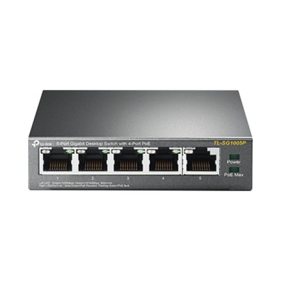 Switch Escritorio No Administrable de 5 puertos 10/100/1000 Mbps / Con 4 puertos PoE 802.3af/at de hasta 65 W / PoE Extendido hasta 250 metros