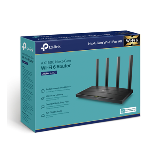 Router WiFi 6 AX 1500Mbps / MU-MIMO 2X2 y OFDMA / 1 Puerto WAN 10/100/1000 Mbps / 3 Puertos LAN 10/100/1000 Mbps / 4 Antenas / Conexión Inalámbrica OneMesh
