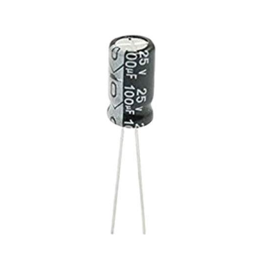 Capacitor Electrolítico de Aluminio, Radial de 100 µFd, 25 Vcc, 105 °C, 6.3 x 11 mm.
