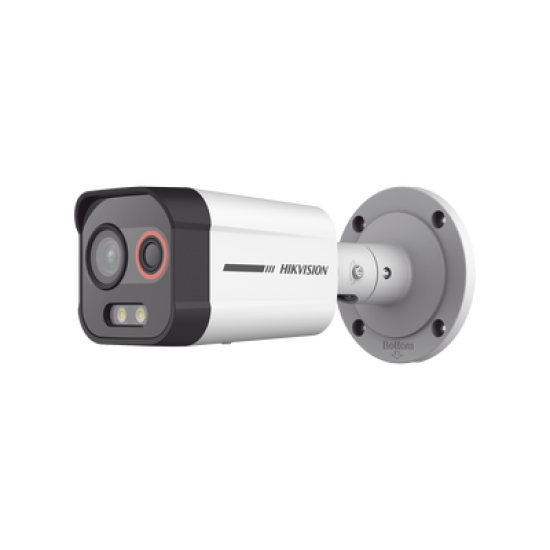 Bala IP Dual / Térmica 1.3 mm (96 x 72) / Óptico 4 mm (4 Megapixel) / Detección de Excepciones de Temperatura 30 mts /30 mts Luz Blanca / Exterior IP67 / PoE / Sirena y Luz Intermitente Integrada / Micro SD / ColorVu y ACUSENSE 