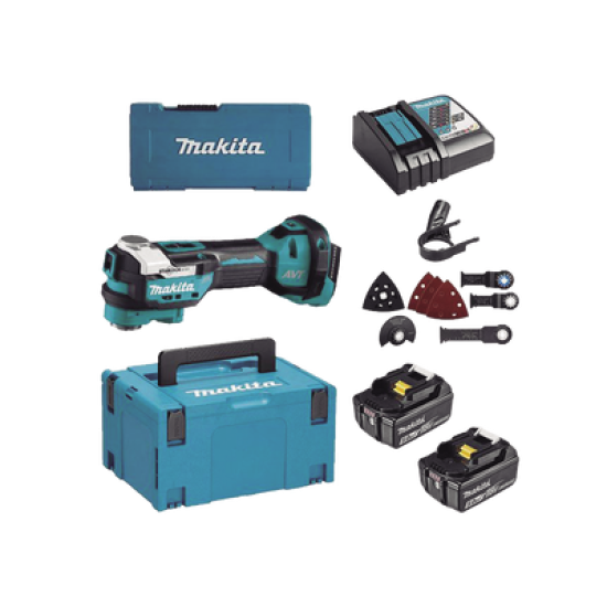 Multiherramienta Oscilante Inalámbrica de 18V, incluye 2 Baterías  BL1850B de 5.0 A, Cargador DC18RC, Accesorios y Estuche Makpac