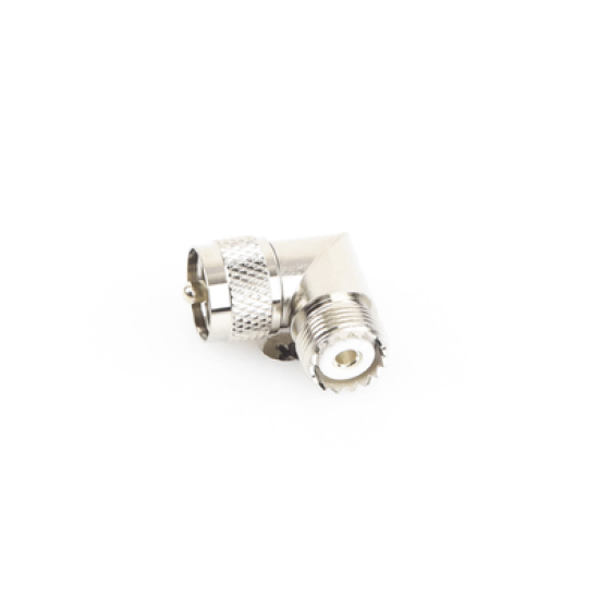 Adaptador en Ángulo Recto, de Conector UHF Macho (PL-259) a UHF Hembra (SO-239), Níquel/ Oro/ Delrin.
