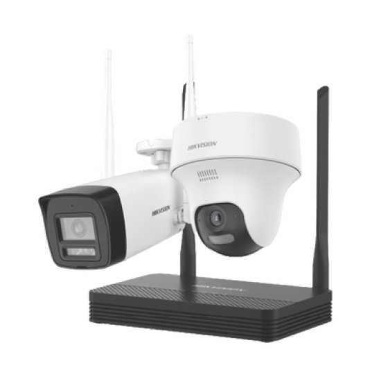 Kit IP Inalámbrico 2 Megapíxel / NVS 4 Canales / 1 Cámara Bala Exterior + 1 Cámara Turret Interior con Lente 2.8 mm y Dual Light / Audio Bidireccional (Micrófono y Bocina) / Soporta Micro SD de 512 GB