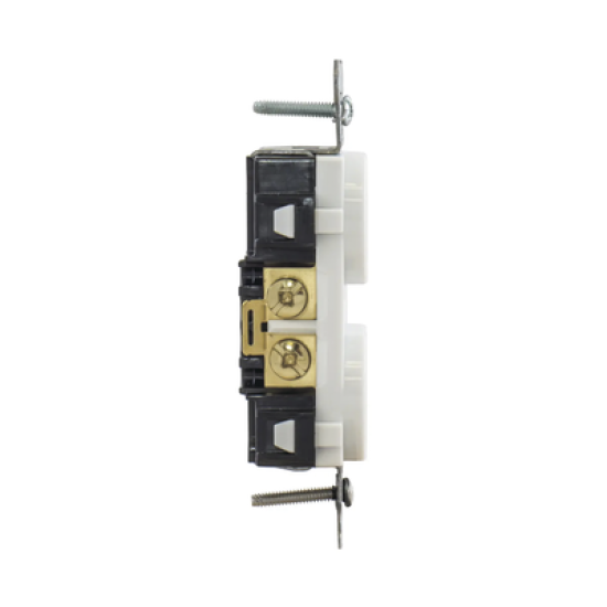 Contacto Dúplex 20 A, 125 V,  2 Polos, 3 Hilos, Cableado Posterior y  Lateral, Color Blanco (Nema 5-20R).