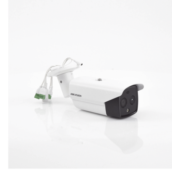 Bala IP Dual / Térmica 6.2 mm (160 x 120) / Óptico 8 mm (4 Megapixel) / DETECCIÓN DE PERSONAS 182 m /40 mts IR / Exterior IP67 / PoE / Termométrica / Detección de Temperatura / Sirena y Luz Inte / Micro SD 32 GB Incluida