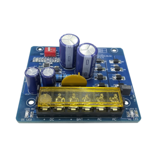 6 o 12  o 24 Vcc @ 2.5 A / Fuente tipo tarjeta/ 1 salida / requiere transformador de entrada  / capacidad de baterías / baterías no incluidas.