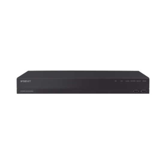 NVR 16 canales grabacion hasta 8MP / H.265 / P2P Wisenet / 16 puertos PoE Plug and Play / 80 Mbps para grabacion.