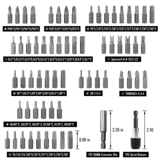 Juego de 208 Puntas para Taladro Entrada Hexagonal 1/4