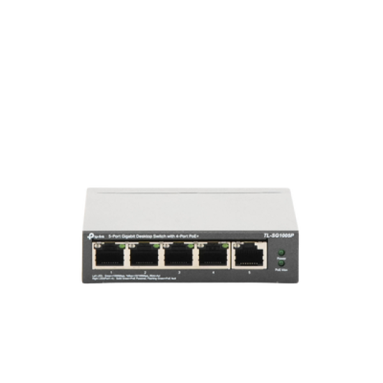 Switch Escritorio No Administrable de 5 puertos 10/100/1000 Mbps / Con 4 puertos PoE 802.3af/at de hasta 65 W / PoE Extendido hasta 250 metros