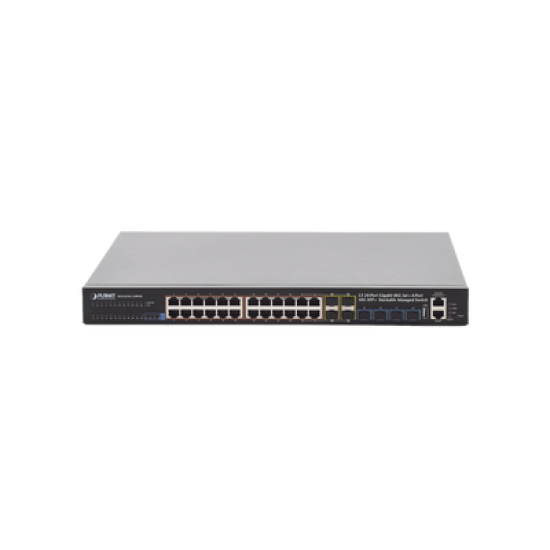 Switch Administrable L3 Stacking 10/100/1000T 24 puertos PoE802.3at, 4 puertos 10G SFP+ 370 W