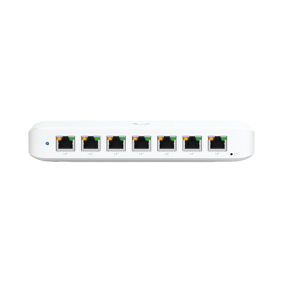UniFi Switch Ultra 60W Administrable / 8 puertos GbE / (1) puerto POE++ IN opcional y (7) puertos POE+/ Wattaje depende de fuente o POE IN / Incluye fuente AC hasta 62W para POE