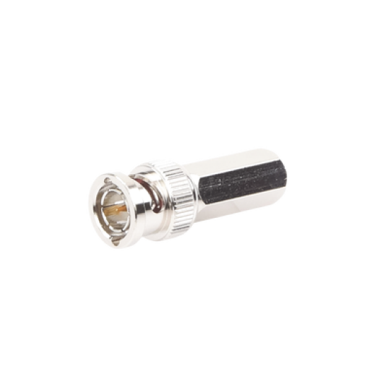 Conector BNC Macho de Ensamble Roscable (Hex.) en Sentido de las Manecillas de Reloj para Cable Coaxial RG-59/U, Níquel/ Oro/ Delrin.