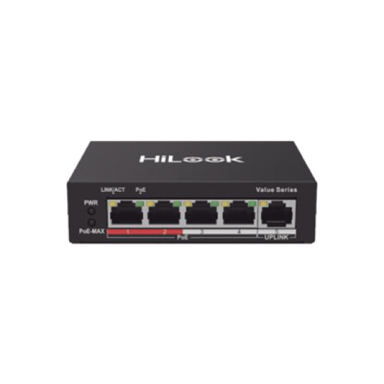 Switch PoE+ / 4 Puertos 10/100 Mbps PoE+ (af / at) / 1 Puerto 10/100 Mbps Uplink / Modo Extendido hasta 250 Metros / 35 Watts