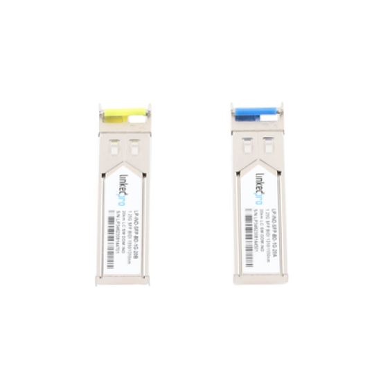 Transceptores Ópticos Industriales Bidireccionales SFP (Mini-Gbic) / Monomodo 1310 & 1550 nm / 1.25 Gbps / 1000BASE-BX / Conector LC/UPC Simplex / DDM / Hasta 20 km / 2 Piezas