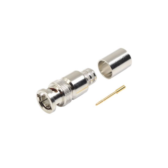 Conector BNC Macho de 75 Ohm, Anillo Plegable, para Cable 8238, RG-11/U, Níquel/ Oro/ Teflón.