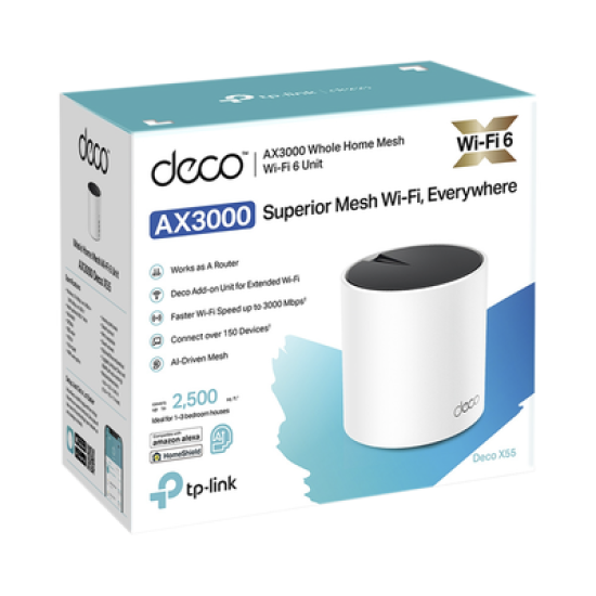 Router Inalámbrico MESH Interior para Hogar / Doble Banda Wi-Fi 6 AX3000 Mbps / 3 Puerto Gigabit WAN/LAN / 2 Antenas Internas / Administración Mediante la App Deco (iOS, Android) / Protección HomeShield