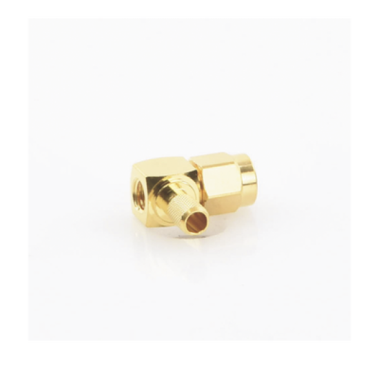 Conector SMA Macho Inverso en Ángulo Recto de Anillo Plegable para Cables RG-58/U, RG-142/U, Oro/ Oro/ Teflón.
