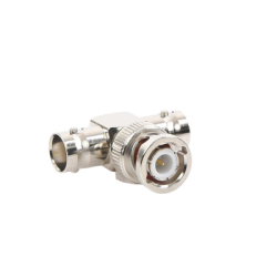 Adaptador en T para 50 Ohm de BNC Macho a Doble BNC Hembra, Maquinado, Níquel/ Oro/ Teflón.