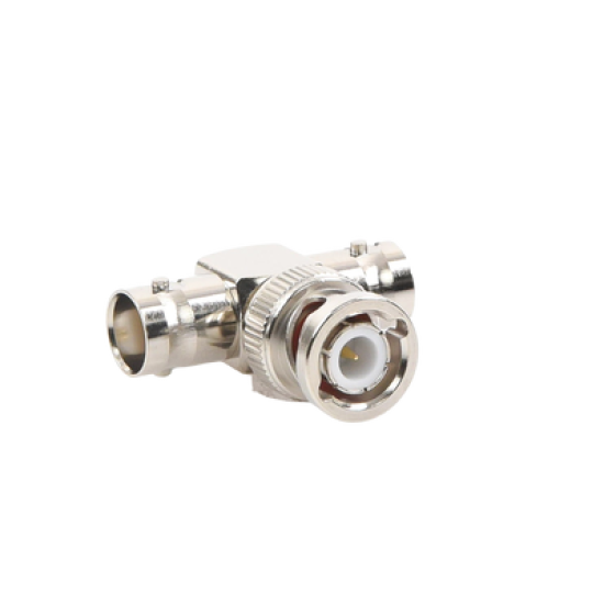 Adaptador en T para 50 Ohm de BNC Macho a Doble BNC Hembra, Maquinado, Níquel/ Oro/ Teflón.