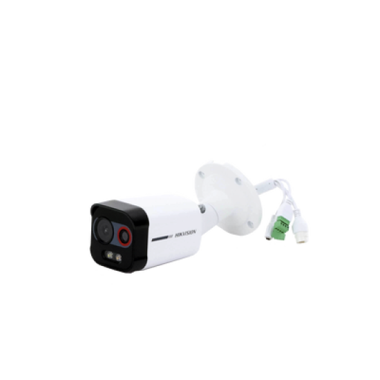 Bala IP Dual / Térmica 2.6 mm (96 x 72) / Óptico 6 mm (4 Megapixel) / Detección de Intrusión por VCA 30 mts /30 mts Luz Blanca / Exterior IP67 / PoE / Sirena y Luz Intermitente Integrada / Micro SD / ColorVu y ACUSENSE 